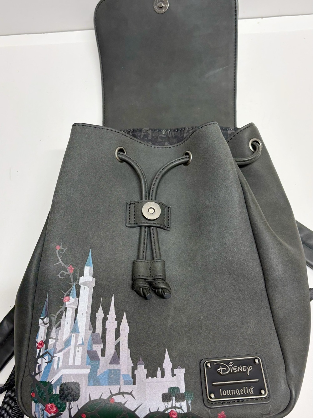 Disney Gray Floral Castle Drawstring Backpack with Red Rose Embroidery - Picture 5 of 9